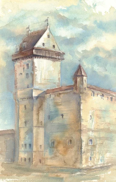 Watercolour painting of medieval castle
