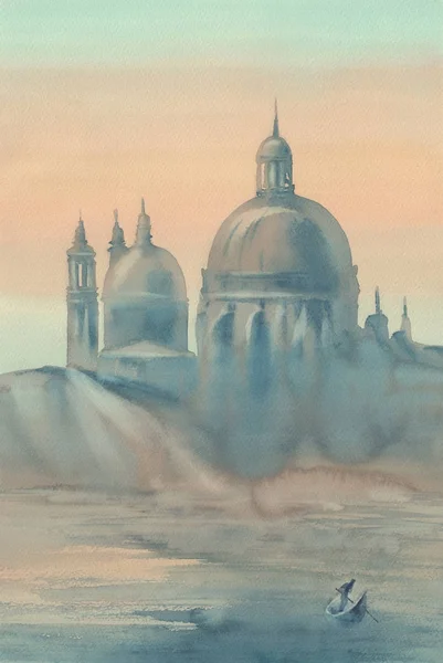 Βενετία σιλουέτα με την πρωινή ομίχλη ακουαρέλα — Φωτογραφία Αρχείου