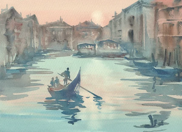 Benátky skica v ranní mlze akvarel — Stock fotografie
