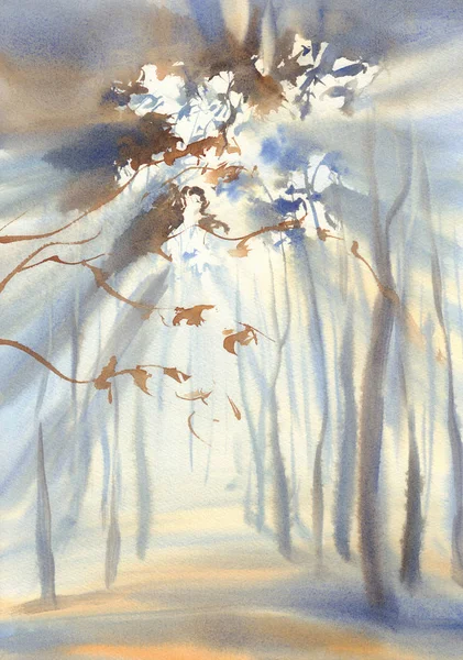 Slunný park v Akvarel krajiny mlha — Stock fotografie