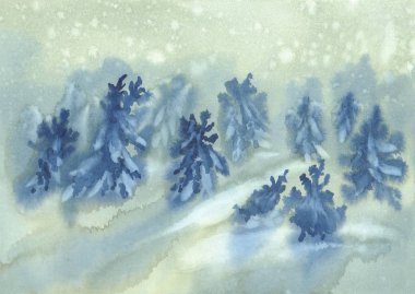 Orman suluboya arka planda kar