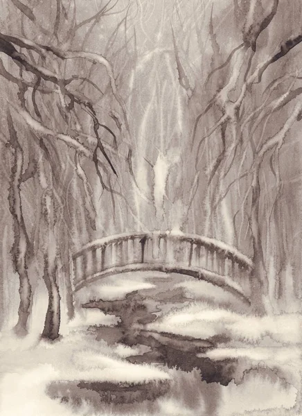 Vinterlandskap med en bron akvarell — Stockfoto