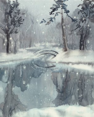 bir su birikintisi suluboya kış manzarası