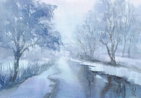 Winterlandschap met een rivier-aquarel — Stockfoto