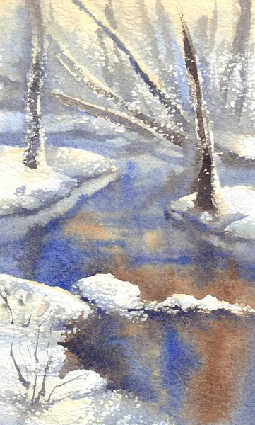 Zimní krajina s řekou akvarel — Stock fotografie