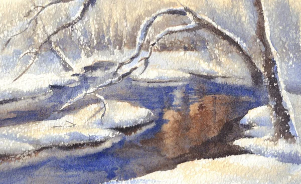 Winterlandschap met een rivier-aquarel — Stockfoto