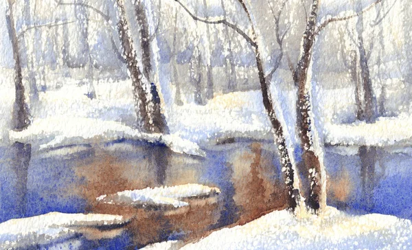 Paisagem de inverno com uma aquarela de rio — Fotografia de Stock