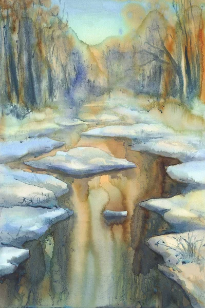 Paesaggio invernale soleggiato con un acquerello di fiume — Foto Stock