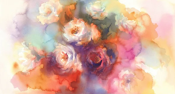 흰색 장미 화려한 배경 수채화 — 스톡 사진