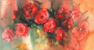 kırmızı gül renkli arka plan suluboya