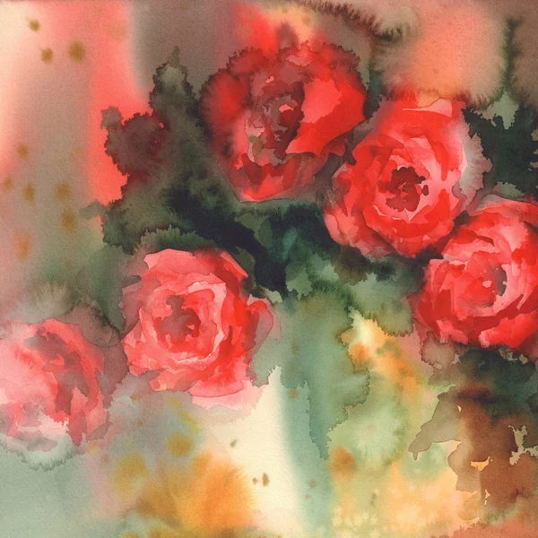 赤いバラのカラフルな背景の水彩画 — ストック写真