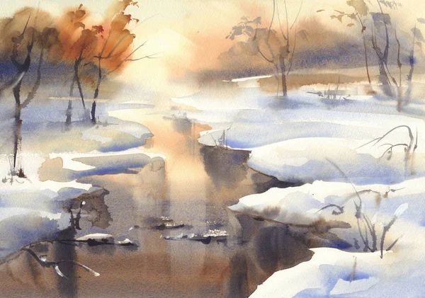 Paisagem de inverno com uma aquarela de rio — Fotografia de Stock