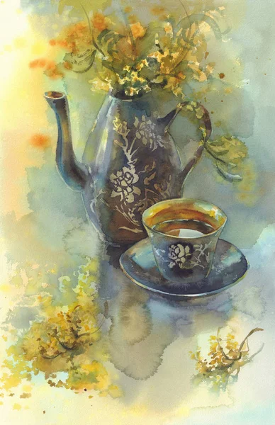Egy csésze teát, mimosa virágok-akvarell — Stock Fotó