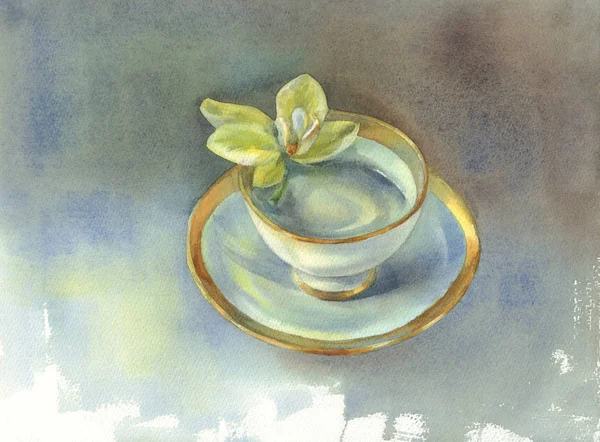 Egy porcelán csésze orchidea virág akvarell — Stock Fotó