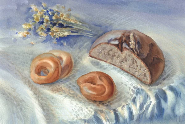 Hela korn svart bröd och bagels akvarell — Stockfoto