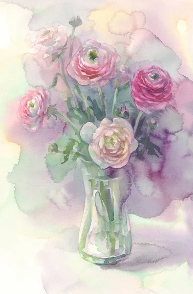 Fleurs roses dans un vase aquarelle — Photo