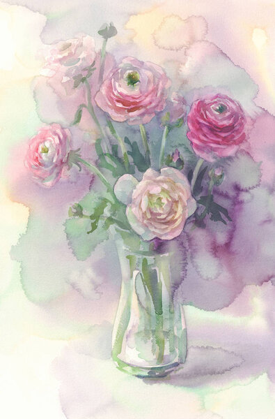Rosy flowers in vase watercolor — Stock Photo, Image