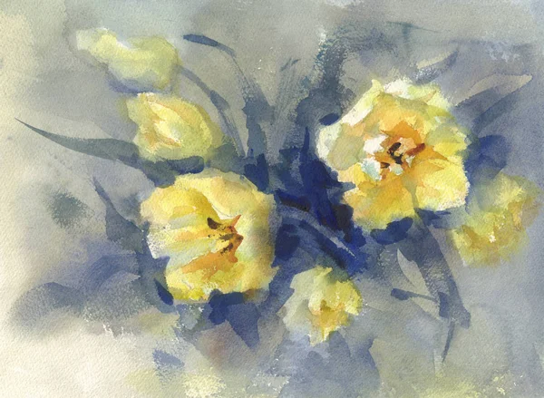 Yellow tulips watercolor background — Stock Photo, Image