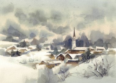 Kış dağlar suluboya manzara ağaçlar ve Kurtlar Vadisi.