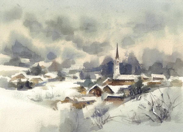 Kış dağlar suluboya manzara ağaçlar ve Kurtlar Vadisi.