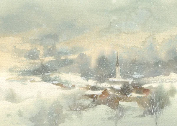 Bergen aquarel winterlandschap met bomen en de vallei. — Stockfoto