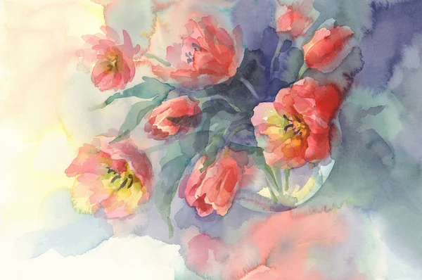 Tulipani rossi acquerello sfondo — Foto Stock