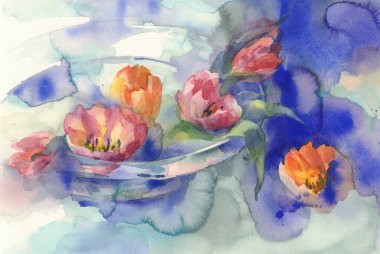 Mavi suluboya arka planda kırmızı lale