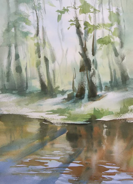 Lente landschap met een rivier-aquarel — Stockfoto