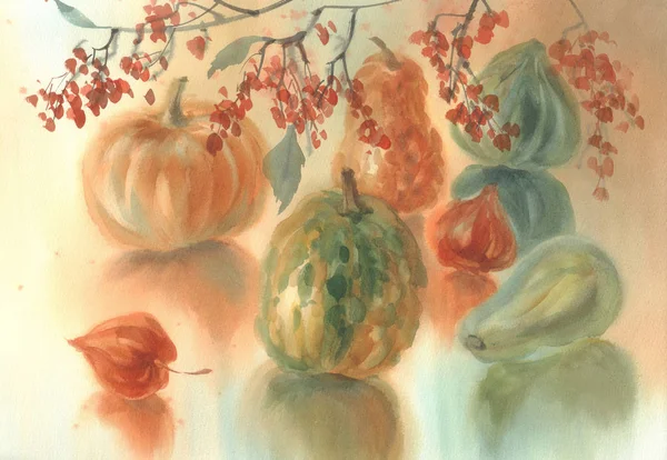 Autumn composition with color pumpkins watercolor. Halloween illustration — Stock Photo, Image