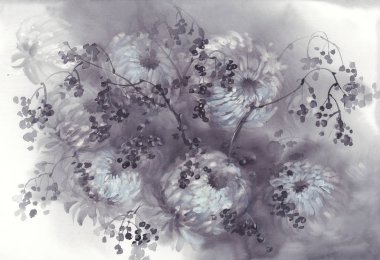 Bir buket kasımpatı çiçeği suluboya arka plan. Gece renkleri.