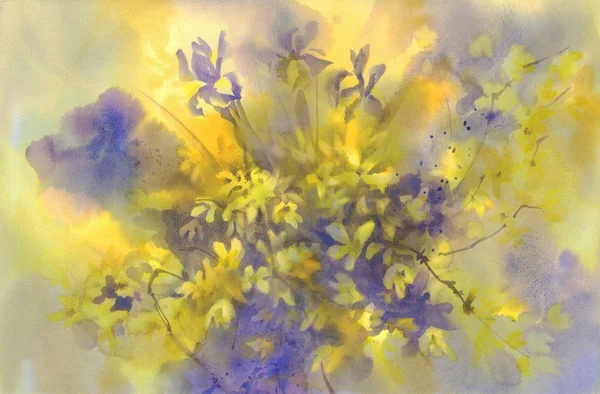 Forsythia en Iris bloemen in gele aquarel achtergrond — Stockfoto