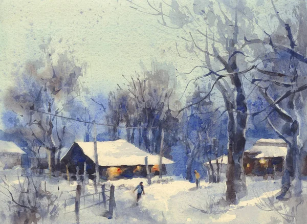 Watercolor landscape. Lighted windows in homes of quiet snowy winters night