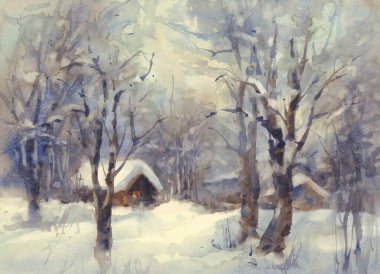 Suluboya manzara. Sessiz karlı kış gecelerinin evlerinde aydınlık pencereler