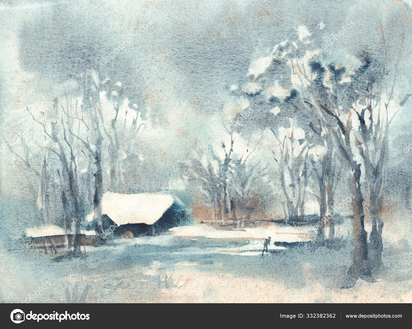 水彩画の風景。静かな雪の冬の夜の家の中の光の窓— ストック