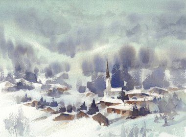 Alplerdeki kış manzaraları suluboya arka planda olmalı.