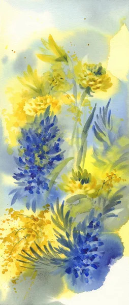 Tavaszi virágok mimóza és jácint akvarell háttér — Stock Fotó