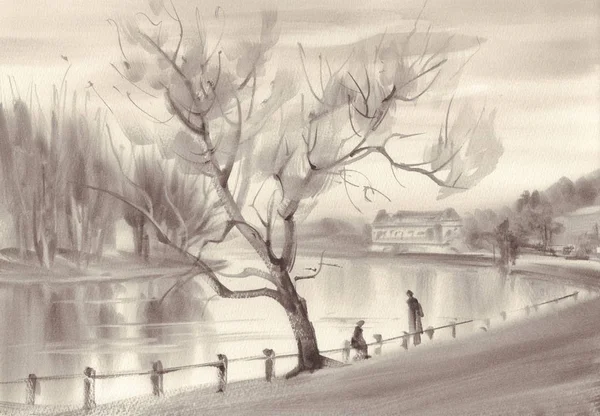 Paesaggio fluviale in seppia acquerello sfondo vintage — Foto Stock