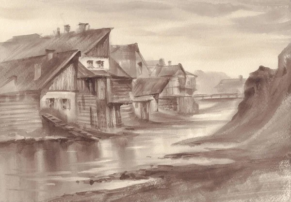 Деревня у реки пейзаж в сепии акварельный фон — стоковое фото