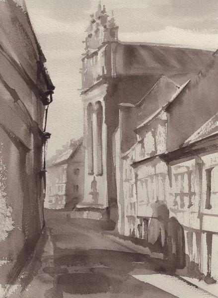 A sketch of city street, sepia color. Watercolor style — Φωτογραφία Αρχείου