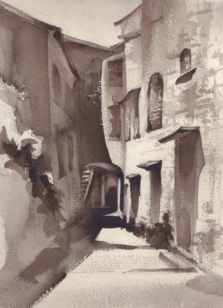 A sketch of city street, sepia color. Watercolor style — Stok fotoğraf