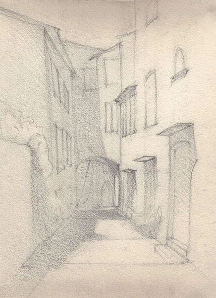 A pencil sketch of city street, sepia color. Watercolor style — Stock Photo, Image