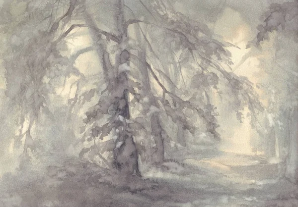 Landschap met bomen in grijze aquarelachtergrond — Stockfoto