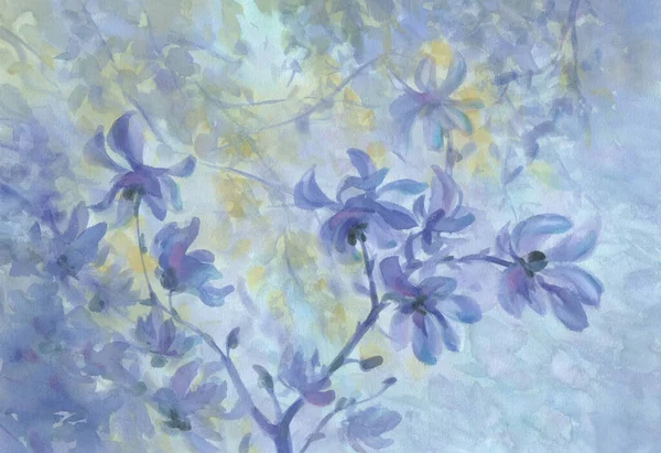 Magnolia fiori in fiore blu acquerello sfondo — Foto Stock