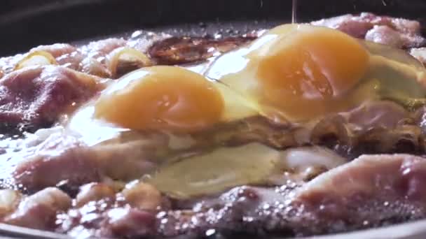 Video of egg being dropped on fried bacon — Stock Video