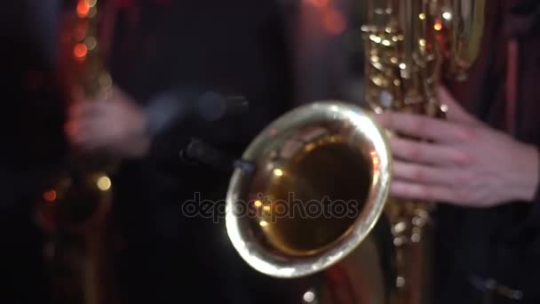 Musician is playing on saxophone in concert. — Stock Video