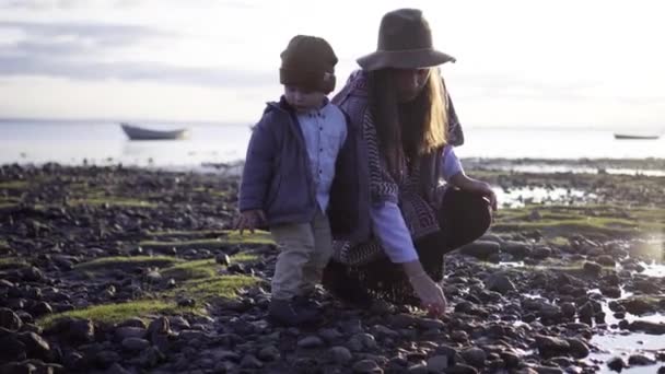 Moeder en zoon spelen op het strand — Stockvideo