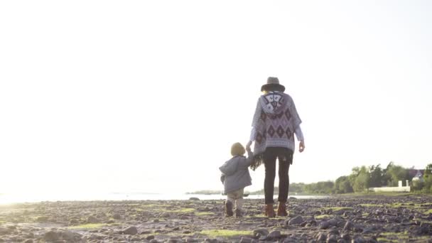 Mamma med en liten pojke promenader på stranden — Stockvideo