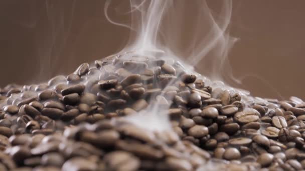 Offee bonen draaien tijdens het roosteren. Rook komt uit koffiebonen. — Stockvideo