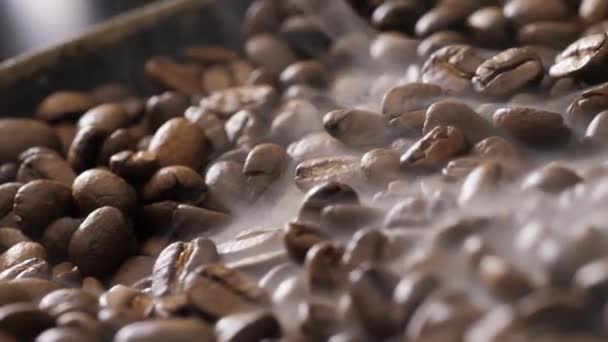 Кавові зерна обертаються під час смаження. Дим надходить з кавових зерен . — стокове відео