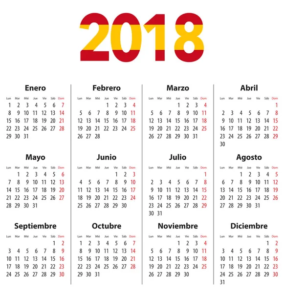 Spanischer Kalender für 2018 und Flaggenfarben auf 2018-Ziffern. — Stockvektor